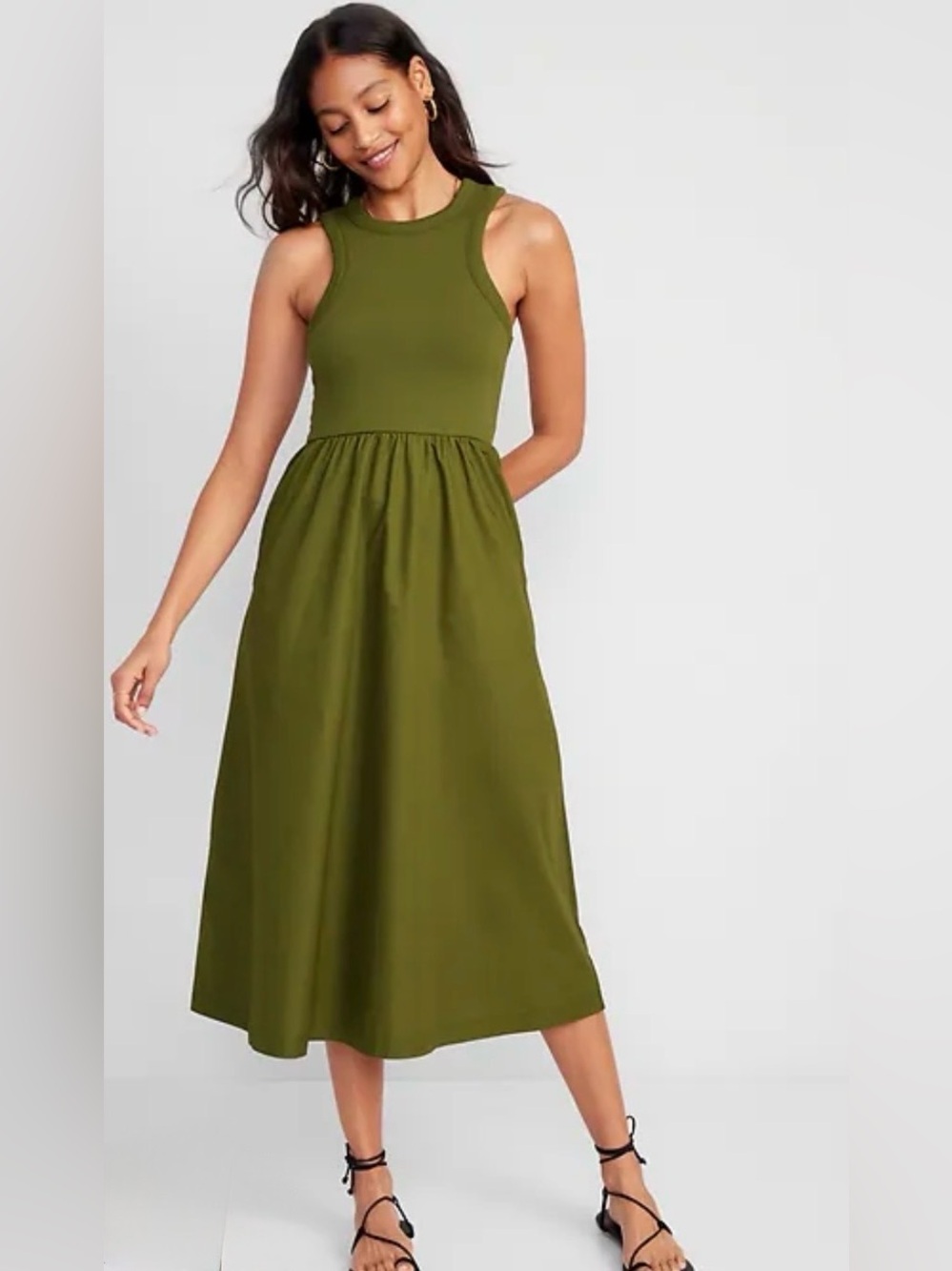 OLD NAVY Fit&Flare Combination Midi Green Dress with Pockets - M
